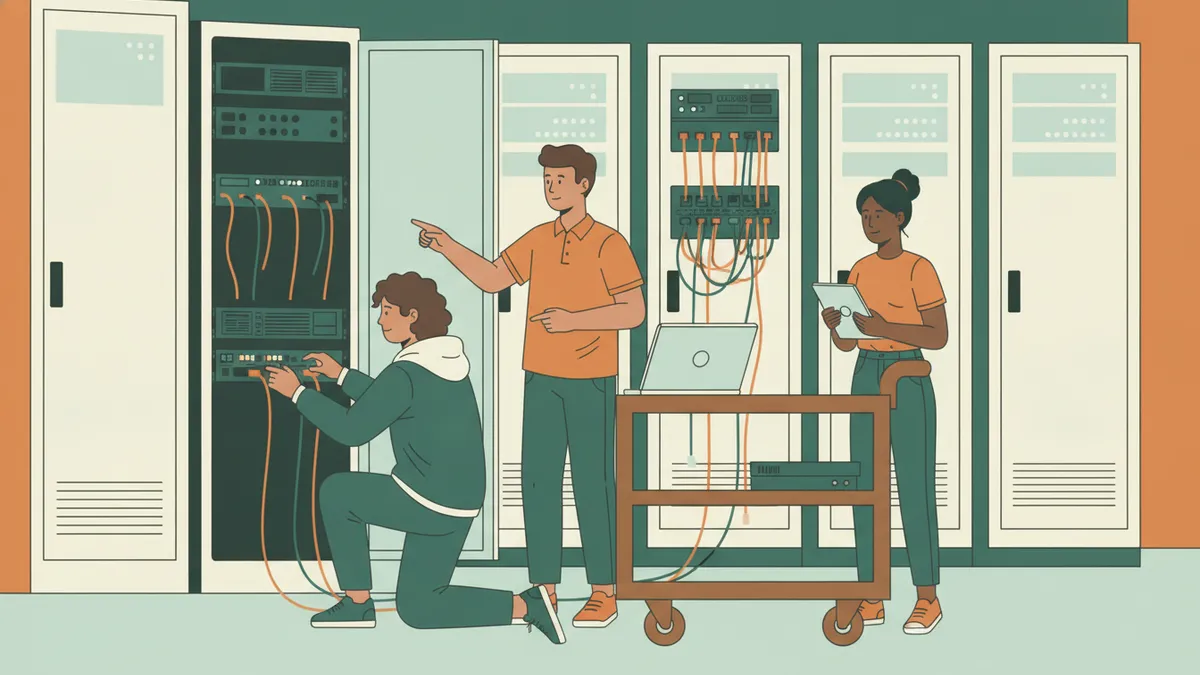 Illustration : dans la salle serveurs d'une entreprise, un jeune apprenti technicien branche un câble dans un commutateur réseau monté en baie, pendant que son tuteur lui montre le panneau de brassage ; une collègue suit sur une tablette.