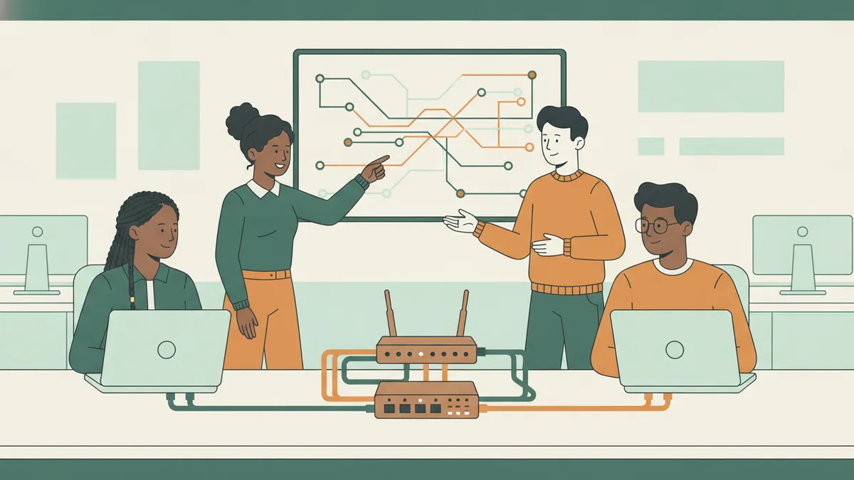 Illustration : dans une salle informatique, deux étudiants devant leurs ordinateurs portables reliés par des câbles à un petit routeur et à un commutateur posés sur la table ; une formatrice et un autre étudiant montrent un schéma de réseau au tableau.