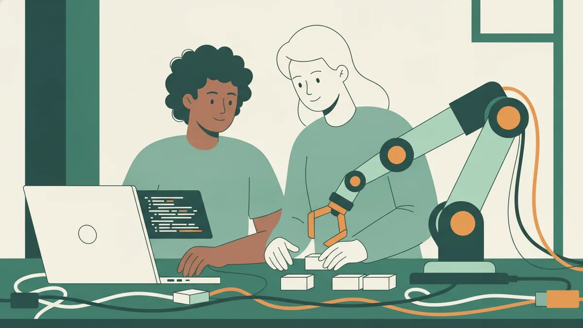 Illustration : deux étudiants dans un laboratoire programment un petit bras robotisé relié à un ordinateur portable qui affiche du code.
