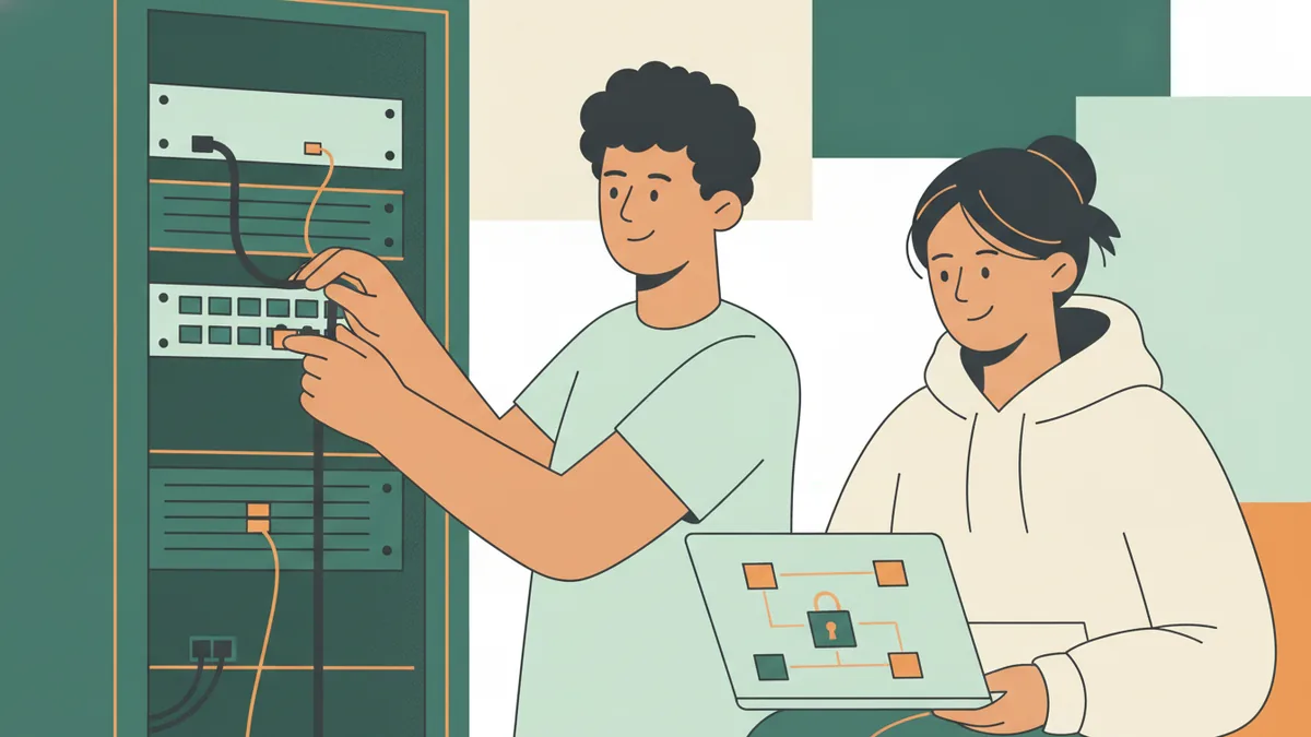 Illustration : un étudiant branche un câble sur un commutateur dans une baie informatique ouverte pendant qu'une étudiante vérifie le résultat sur un ordinateur portable qui affiche un schéma de réseau et un cadenas.