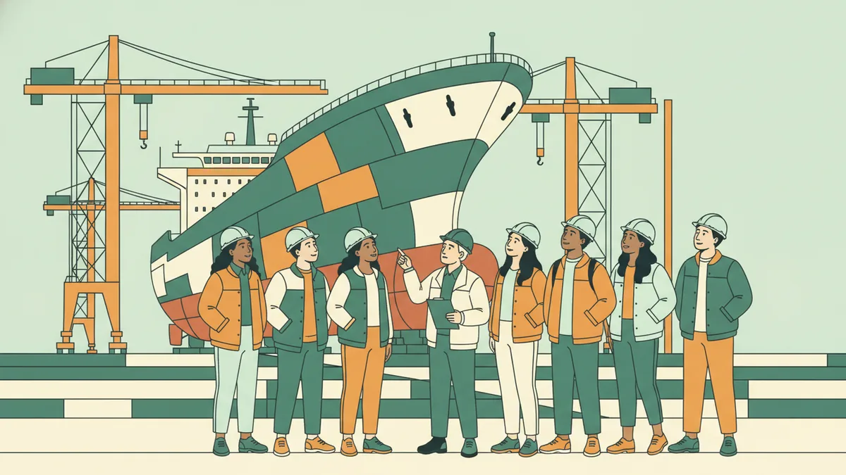Illustration : un groupe d'étudiants casqués visite un grand chantier naval, devant la coque d'un navire en cale sèche et des grues.