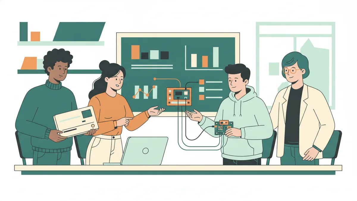 Illustration : trois étudiants présentent à deux enseignants le prototype d'un objet connecté, une carte électronique avec capteurs reliée à un ordinateur.