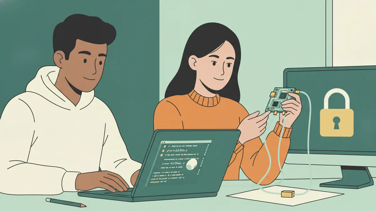 Illustration : deux étudiants côte à côte ; l'un tape sur un ordinateur portable qui affiche un terminal, l'autre tient une petite carte électronique reliée par des fils ; un écran derrière eux montre un cadenas.