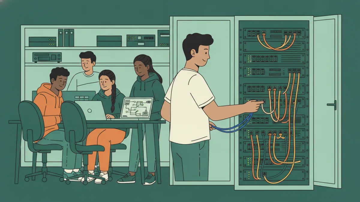 Illustration : dans une salle de réseaux, un étudiant branche des câbles colorés dans une baie de switchs ouverte ; derrière lui, trois camarades travaillent à une table devant un ordinateur portable qui affiche un schéma de réseau.