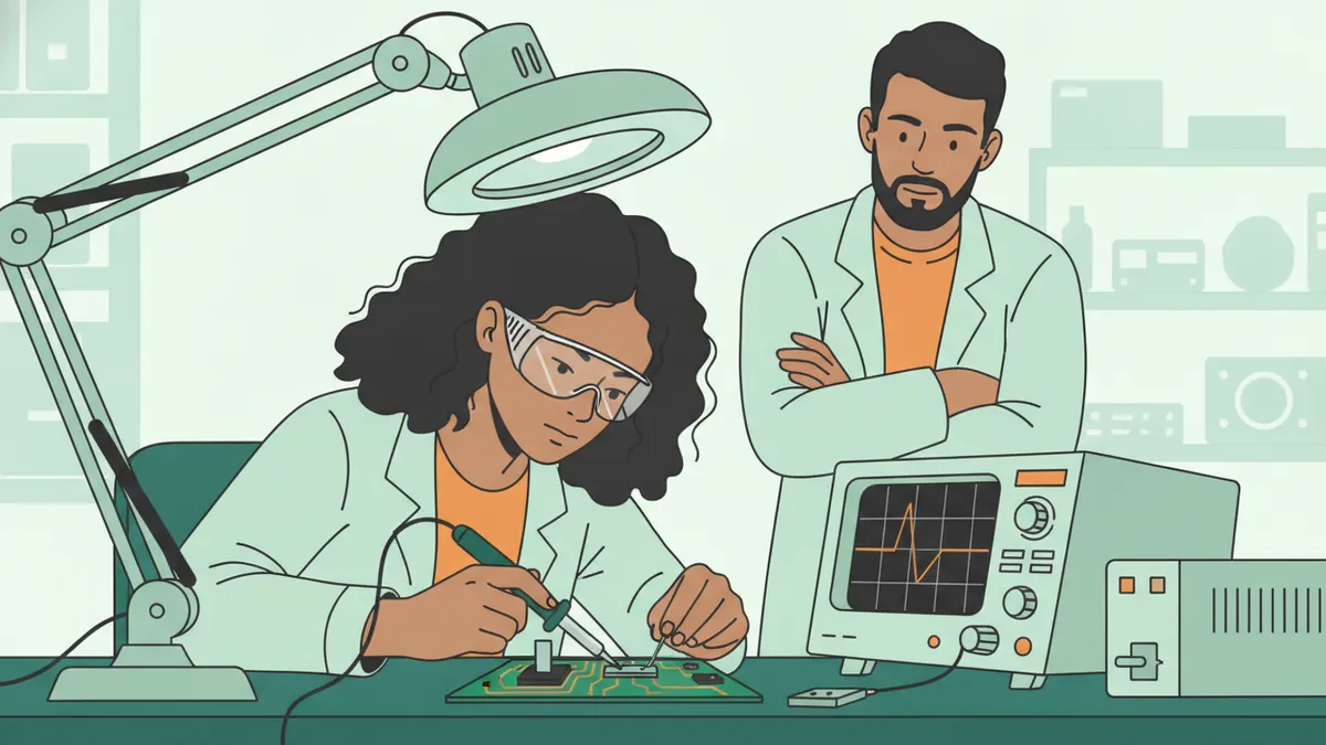 Illustration : une étudiante en lunettes de protection soude un composant sur une carte électronique verte sous une lampe loupe ; à côté, un oscilloscope affiche un signal ; un enseignant observe.