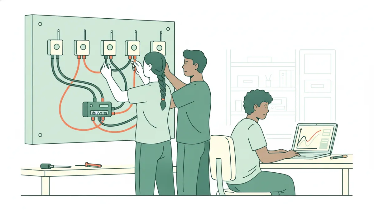 Illustration : deux étudiants câblent de petits boîtiers de capteurs sans fil sur un panneau de test relié à un commutateur réseau, pendant qu'un troisième lit des courbes de mesures sur un ordinateur portable.