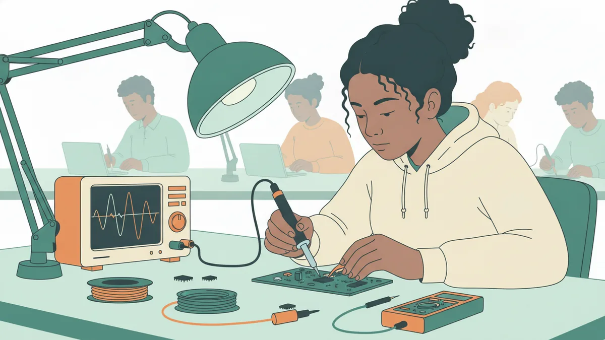Illustration : une étudiante soude un composant sur une carte électronique verte sous une lampe loupe ; à côté, un oscilloscope affiche une onde.