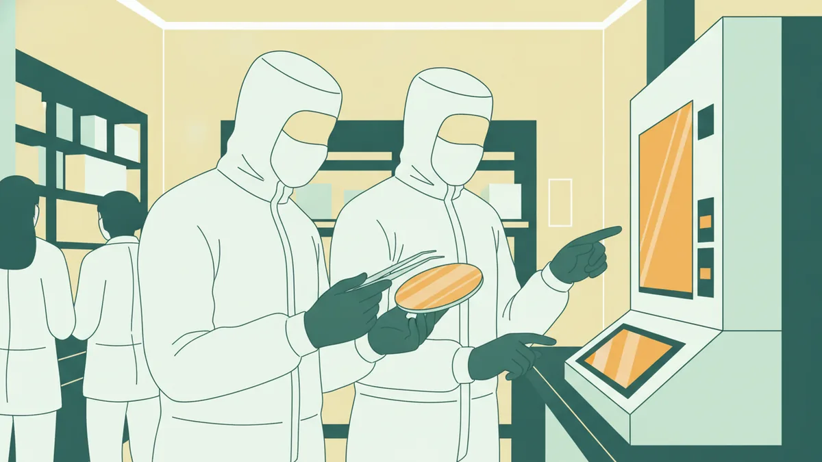 Illustration : deux étudiants en combinaison blanche intégrale, capuche et masque, manipulent une plaquette de silicium à la pince dans une salle blanche de microélectronique éclairée en jaune.