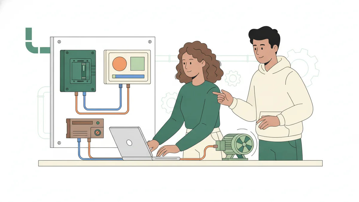 Illustration : deux étudiants devant un banc de travaux pratiques ; l'une programme un automate depuis un ordinateur portable, l'autre lui montre le moteur électrique qui démarre à côté, relié à un variateur et à un écran tactile.