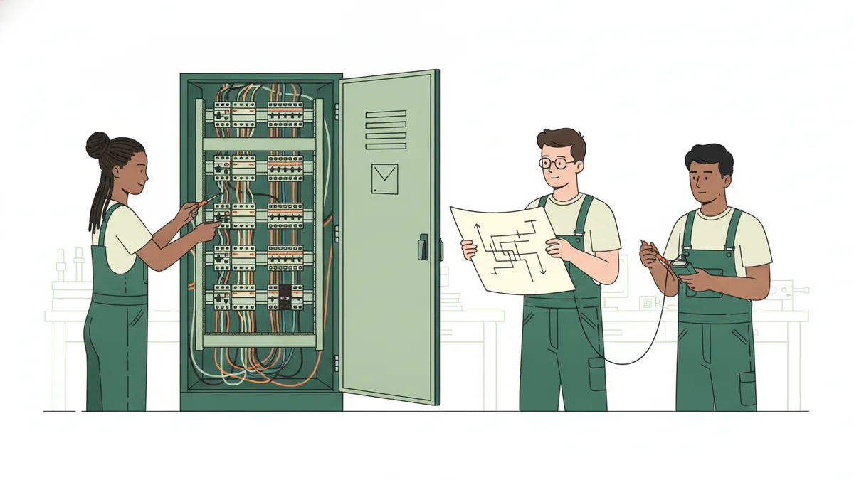 Illustration : dans un atelier, trois étudiants en salopette verte travaillent sur une grande armoire électrique ouverte, pleine de disjoncteurs et de fils de couleur ; l'une serre une borne, un autre lit un schéma, le troisième tient un multimètre.