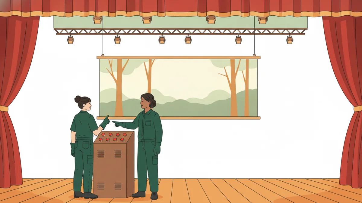 Illustration : sur la scène d'un théâtre, entre les rideaux rouges, deux jeunes en tenue de travail testent une armoire de commande à boutons qui fait descendre un grand décor peint suspendu à des rails motorisés.