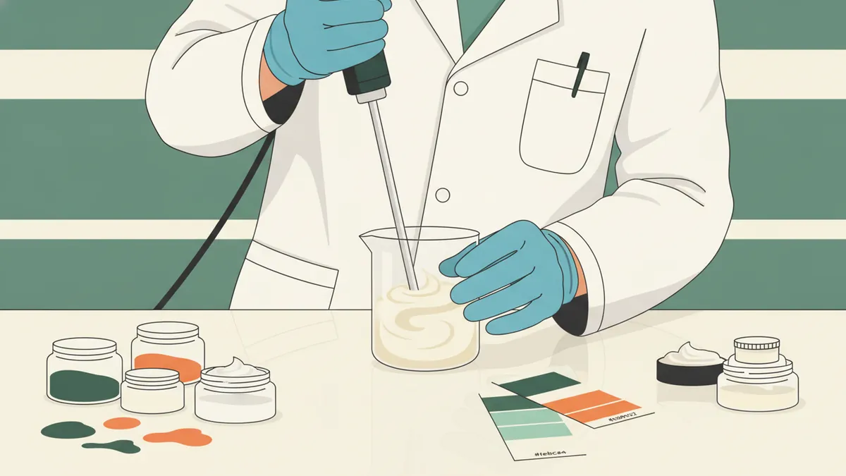 Illustration : gros plan sur un étudiant en blouse et gants qui prépare une émulsion crémeuse avec un disperseur dans un bécher ; autour, des pots de crème, des échantillons de peinture et un nuancier.