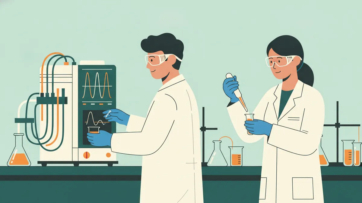 Illustration : deux étudiants en blouse, lunettes et gants dans un laboratoire ; l'un règle un appareil de chromatographie dont l'écran affiche des pics, l'autre prélève un échantillon à la pipette.