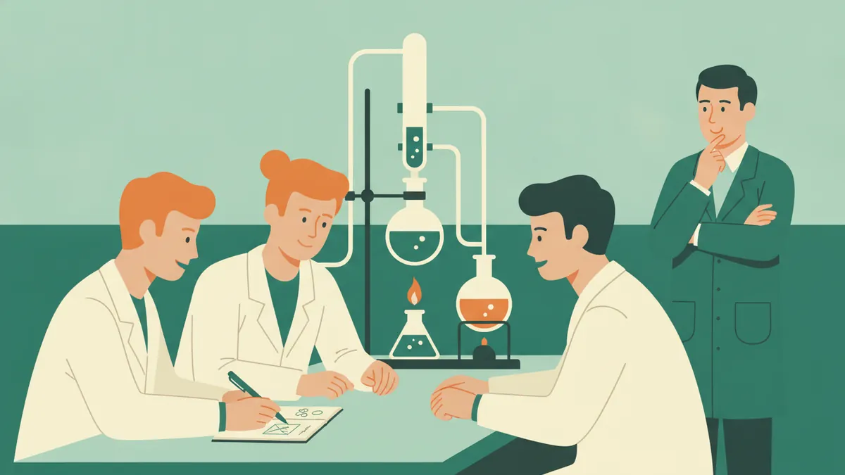 Illustration : quatre étudiants en blouse autour d'une paillasse discutent d'un projet, l'un dessine un schéma dans un cahier ; derrière eux, un montage de distillation ; un enseignant les écoute.