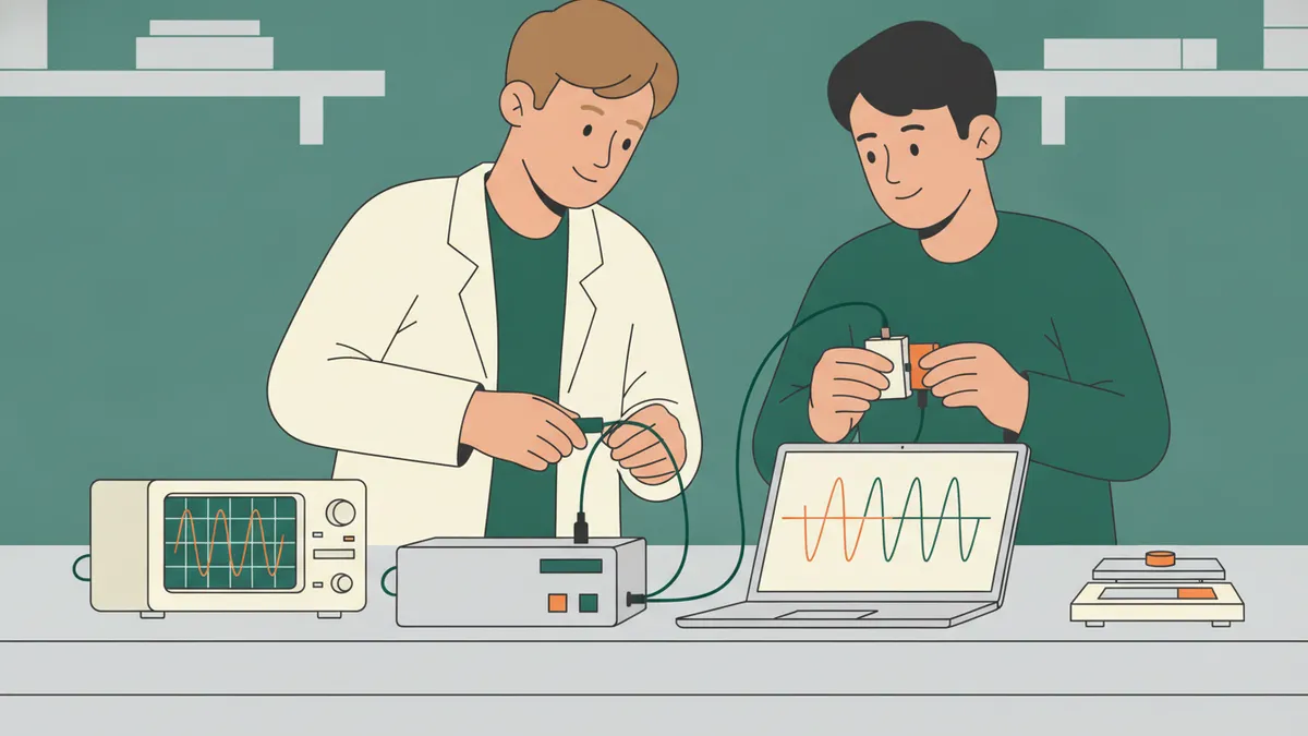 Illustration : dans un laboratoire, deux étudiants, dont un en blouse, branchent un capteur sur un boîtier d'acquisition ; un ordinateur portable affiche une courbe, un oscilloscope et une balance de précision sont posés sur la paillasse.