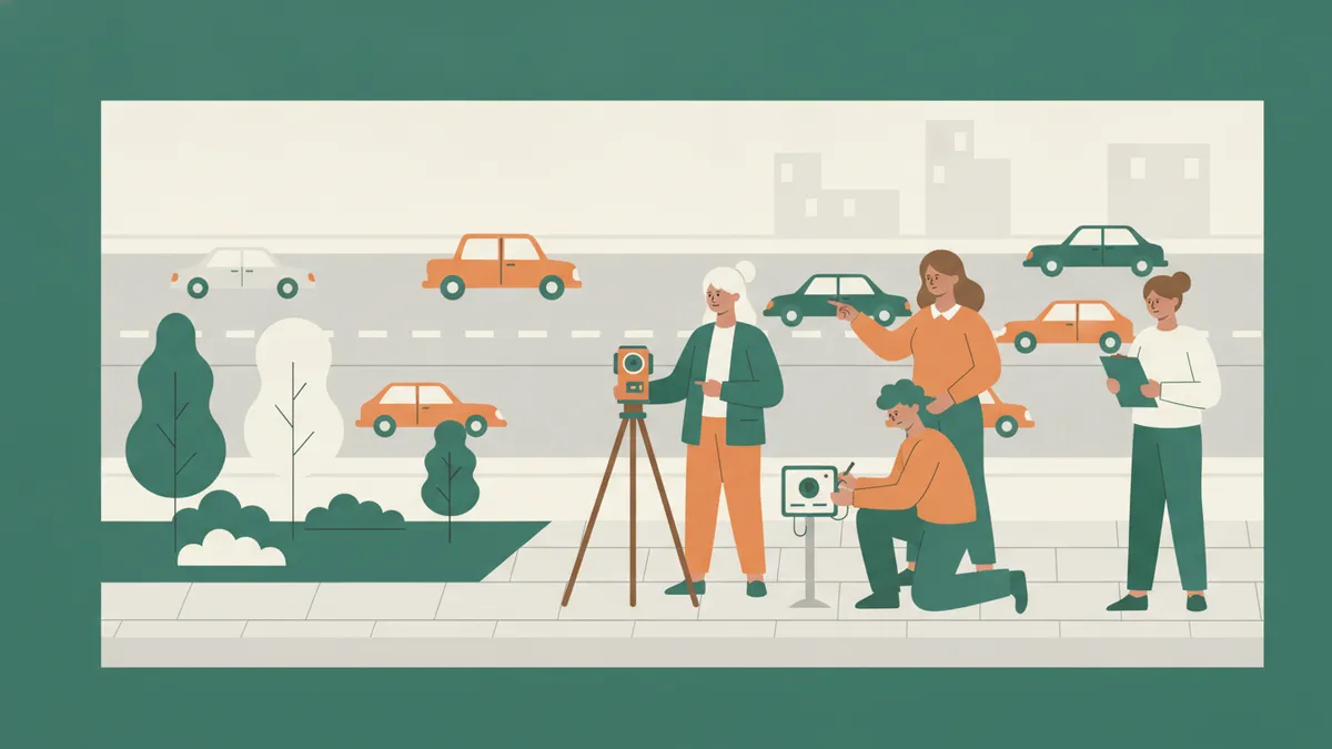 Illustration : au bord d'une rue passante, près d'un petit parc, trois étudiants et une enseignante prennent des mesures ; l'un règle un sonomètre sur trépied, une autre installe un capteur de qualité de l'air, le troisième note les valeurs.