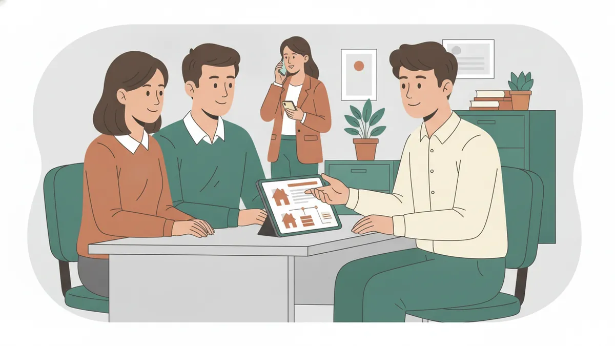 Illustration : dans une petite agence d'assurance, un jeune apprenti assis à son bureau explique un contrat habitation à un couple en leur montrant une tablette ; derrière, une collègue téléphone.