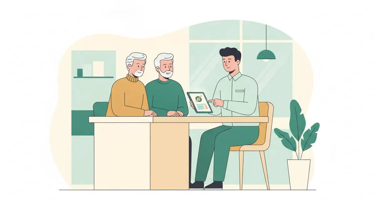 Illustration : dans une agence bancaire lumineuse, un jeune conseiller présente un plan d'épargne sur une tablette à un couple de clients assis en face de lui.