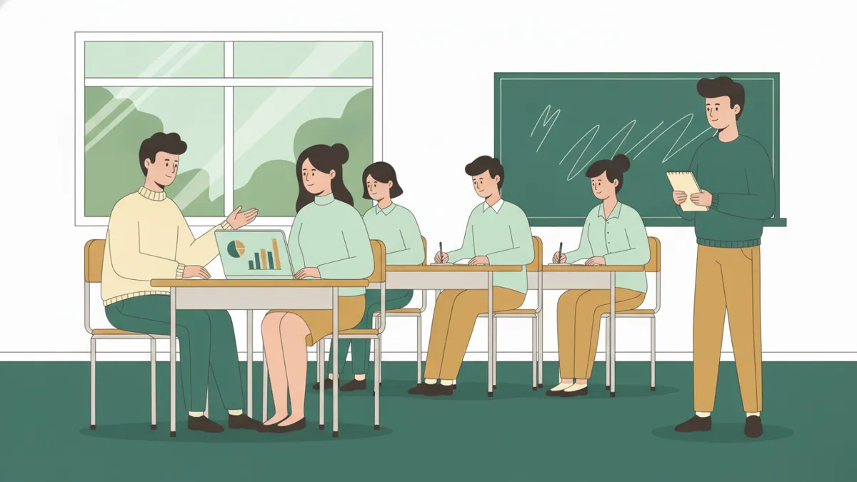 Illustration : en classe, une étudiante joue une cliente face à un camarade qui joue le conseiller, un ordinateur ouvert entre eux ; l'enseignant et les autres étudiants observent et prennent des notes.