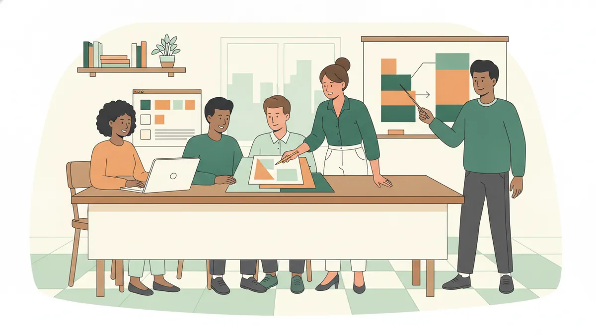 Illustration : un petit groupe d'étudiants autour d'une table prépare un dossier client ; l'un répond à un questionnaire sur un ordinateur portable, une autre explique un tableau de remboursement de prêt au tableau, la professeure se penche pour aider.