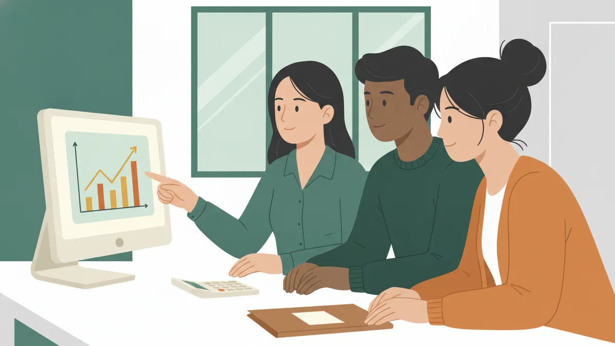 Illustration : dans une agence bancaire reconstituée, une étudiante joue la conseillère et montre une courbe d'épargne sur un écran à deux camarades qui jouent un couple de clients ; une calculatrice et un dossier sont posés sur le bureau.