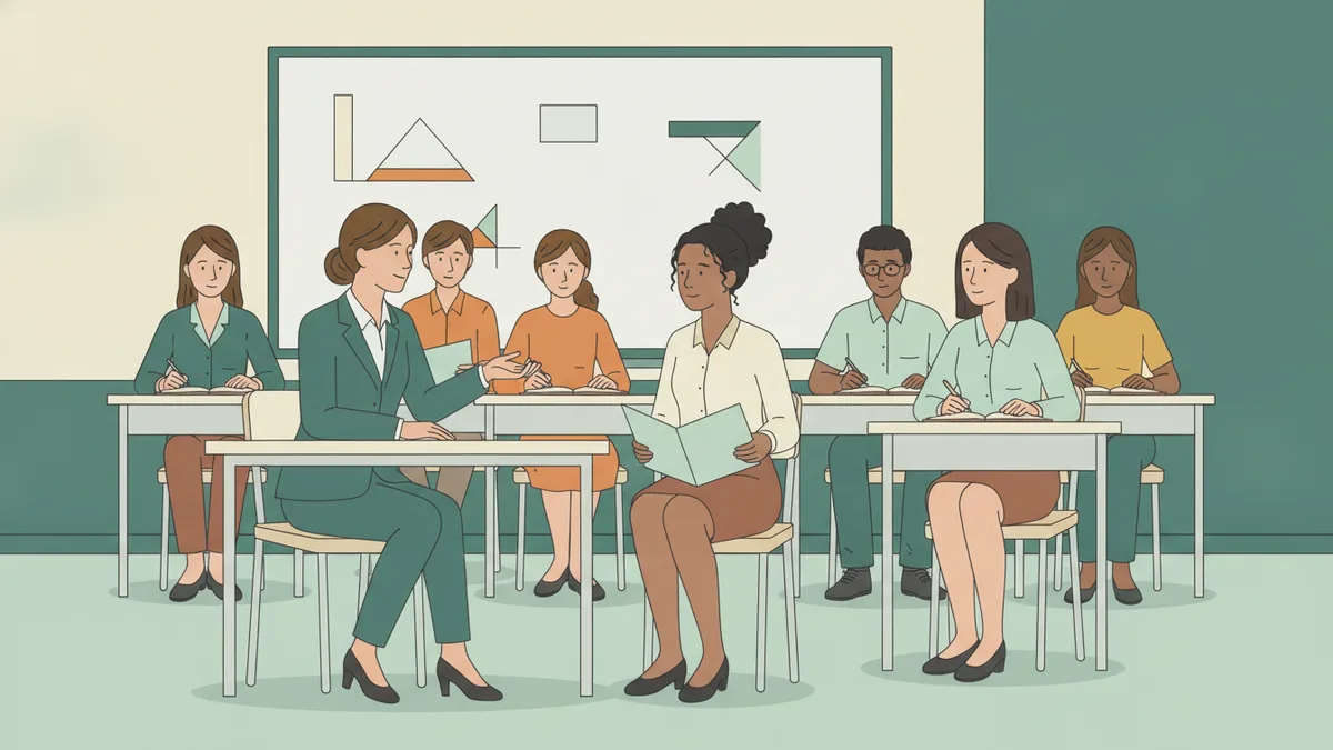Illustration : en salle de classe, un banquier en costume fait passer un entretien d'embauche fictif à une étudiante assise bien droite, un dossier à la main ; huit camarades observent et prennent des notes.