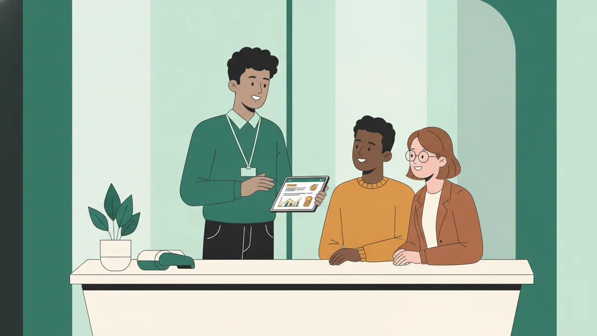 Illustration : dans une agence bancaire moderne, un jeune conseiller en chemise, badge autour du cou, reçoit un jeune couple à son bureau et leur présente un plan d'épargne sur une tablette ; un terminal de paiement et une plante verte sur le bureau.