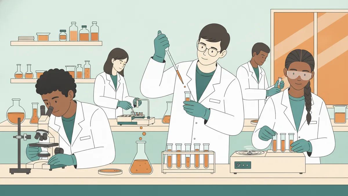 Illustration : dans un laboratoire de biologie, des étudiants en blouse blanche et gants travaillent côte à côte ; l'un observe au microscope, un autre pipette dans de petits tubes, une étudiante règle une centrifugeuse.