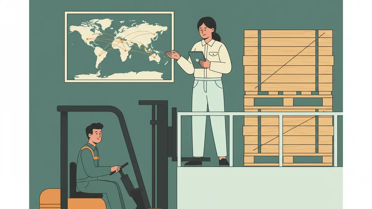 Illustration : dans un entrepôt, une jeune apprentie consulte une tablette sur une mezzanine, à côté de palettes filmées prêtes à partir ; en contrebas, un collègue conduit un chariot élévateur ; une carte du monde avec des routes est affichée au mur.