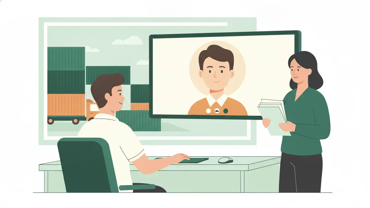 Illustration : un jeune apprenti, assis à son bureau, échange en visioconférence avec un client étranger affiché sur un grand écran ; une collègue debout tient des documents ; par la fenêtre, on aperçoit des conteneurs et un camion.