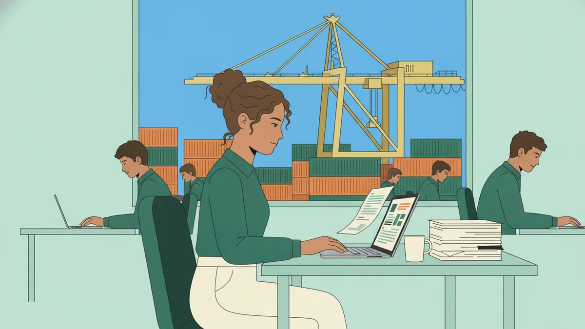 Illustration : dans le bureau d'une entreprise d'export près d'un port, une jeune apprentie vérifie des documents d'expédition sur un ordinateur portable ; par la fenêtre, des conteneurs colorés empilés et une grue portuaire sous un ciel bleu.