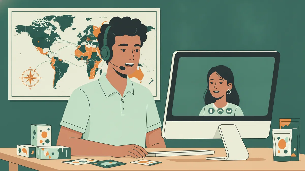 Illustration : un jeune apprenti avec un casque micro échange en visio avec un client étranger affiché à l'écran ; derrière lui, une carte du monde au mur, et sur son bureau des échantillons de produits emballés.