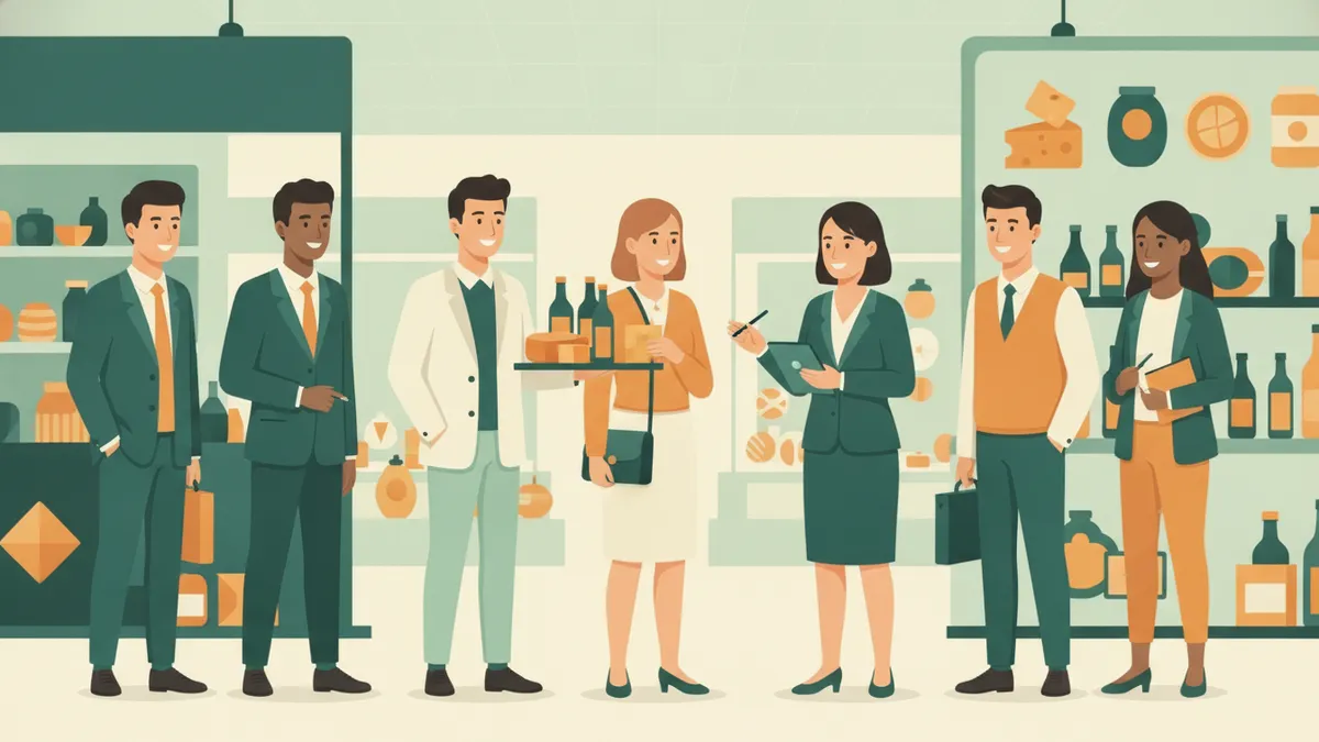 Illustration : sur le stand d'un salon international de l'alimentation, des étudiants en tenue professionnelle accueillent des acheteurs étrangers ; l'une présente des échantillons, un autre prend des notes sur une tablette.