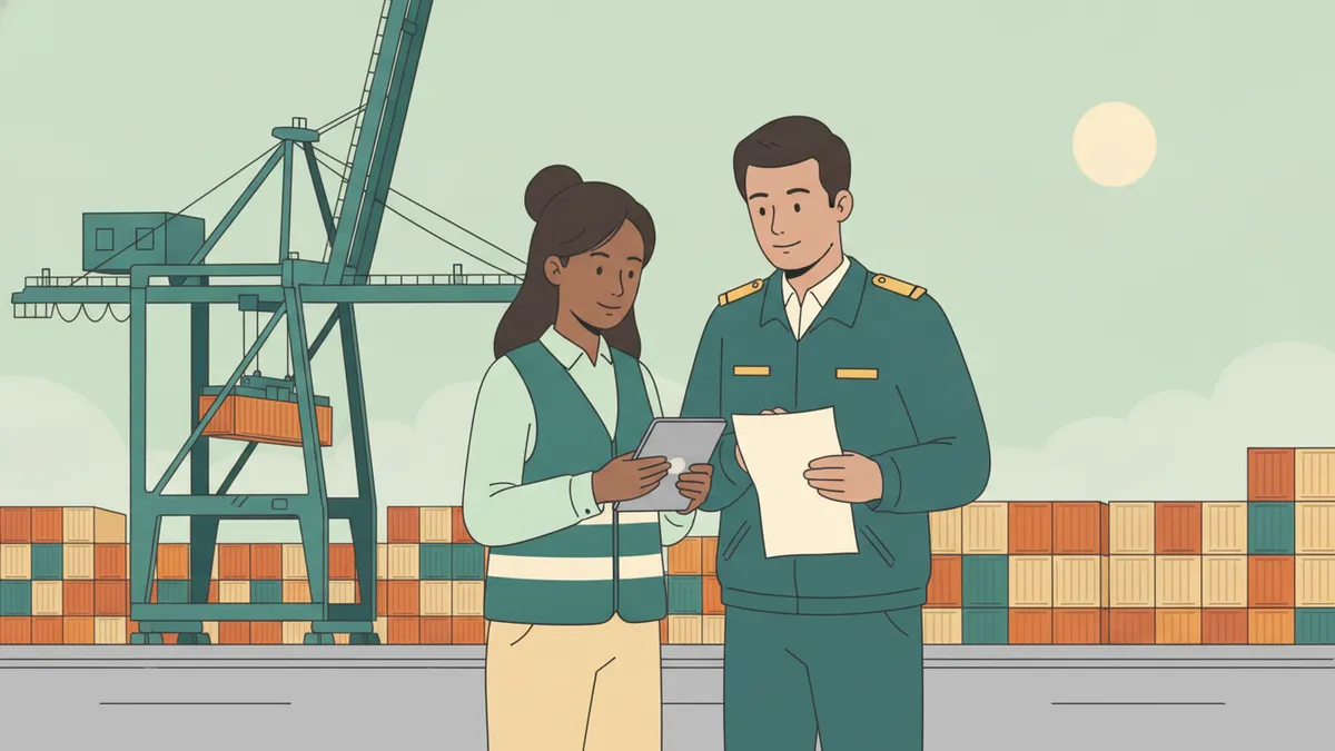 Illustration : sur une zone portuaire ensoleillée, une étudiante stagiaire en gilet vérifie des conteneurs sur une tablette avec un responsable logistique qui tient des documents ; derrière, des grues et des conteneurs empilés.