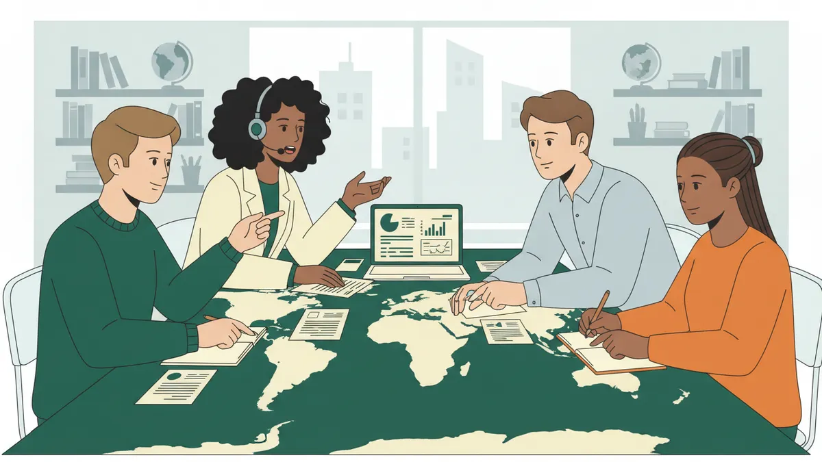 Illustration : quatre étudiants en tenue professionnelle autour d'une table couverte d'une carte du monde et de documents d'expédition ; l'une parle à un client étranger avec un casque-micro pendant que les autres prennent des notes.