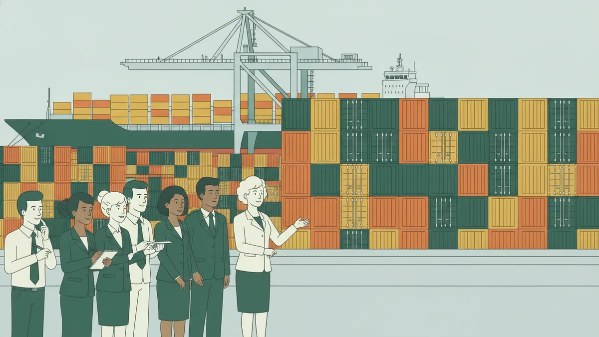 Illustration : un groupe d'étudiants en tenue professionnelle, avec leur professeure, devant des piles de conteneurs colorés et une grue portuaire ; au fond, un porte-conteneurs.