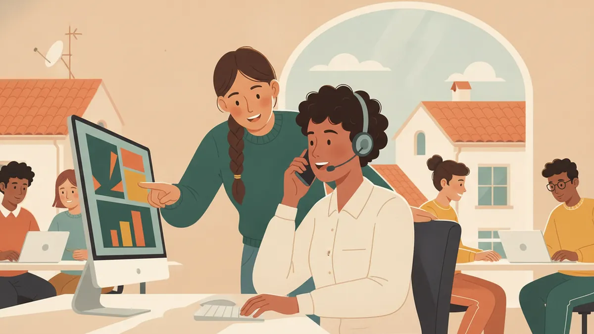 Illustration : un stagiaire au casque-micro, dans un bureau ensoleillé d'une ville du sud de l'Europe, compare une offre de prix à l'écran ; une collègue se penche pour l'aider.