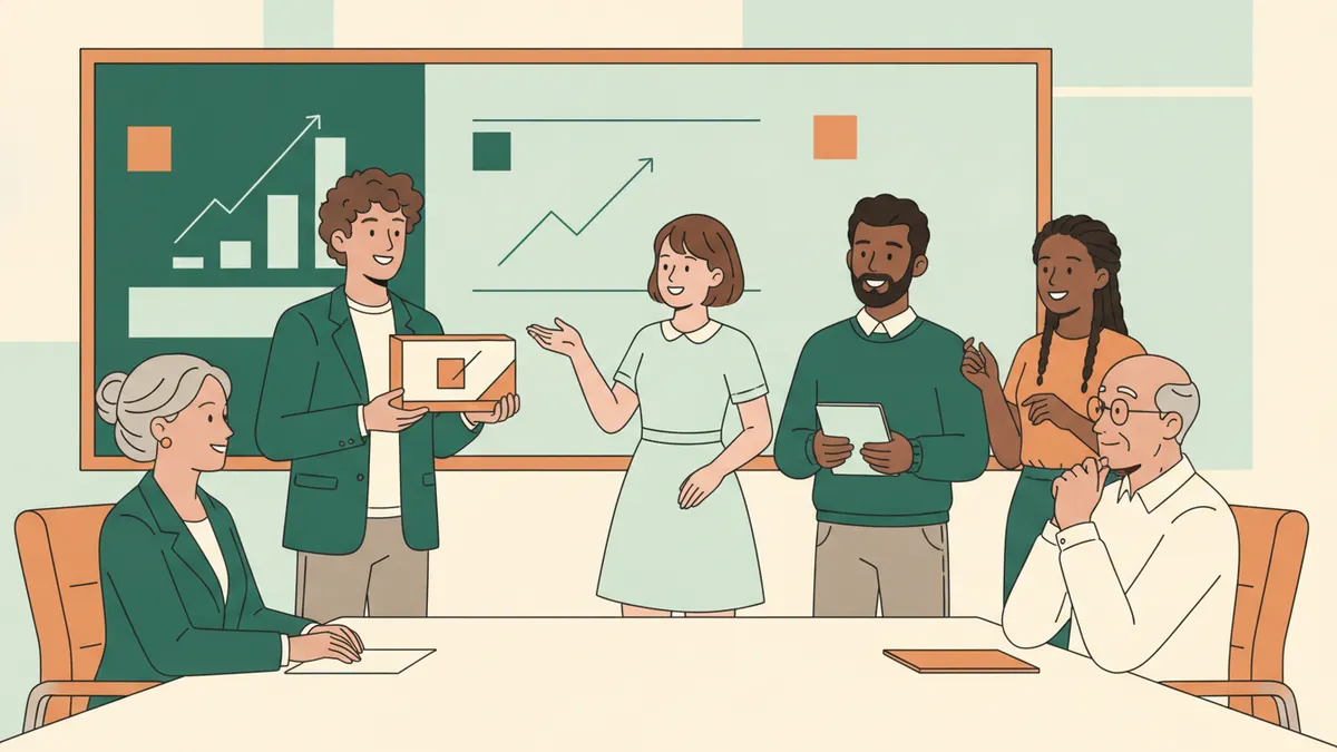 Illustration : une équipe de quatre étudiants présente son projet de start-up devant deux professionnels assis ; l'un montre un prototype d'emballage, une autre désigne un graphique au tableau.
