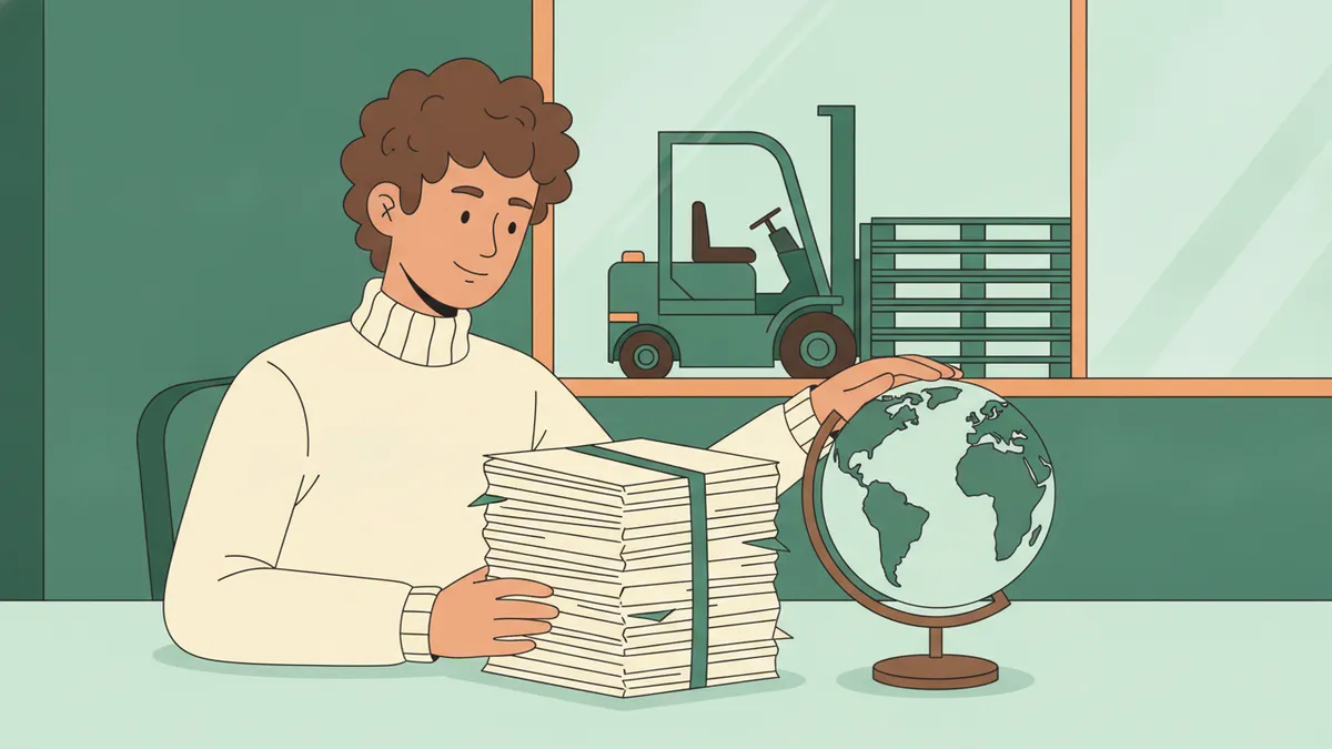 Illustration : un étudiant en stage vérifie une pile de documents d'expédition à son bureau, une main posée sur un globe ; derrière la vitre, un chariot élévateur et des palettes dans un entrepôt.