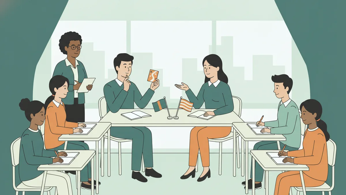 Illustration : dans une salle de classe, deux étudiants jouent une négociation commerciale internationale de part et d'autre d'une table avec de petits drapeaux ; l'un tient un échantillon de produit, les camarades et l'enseignante observent et prennent des notes.