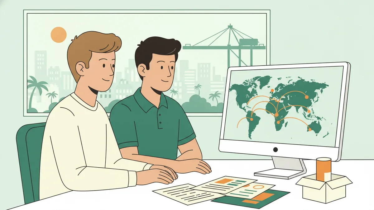 Illustration : dans le bureau d'une entreprise exportatrice en Espagne, un jeune stagiaire français et un collègue espagnol regardent un écran affichant une carte du monde et des routes maritimes ; sur le bureau, des documents d'expédition et un échantillon de produit ; par la fenêtre, une ville ensoleillée et des grues portuaires.