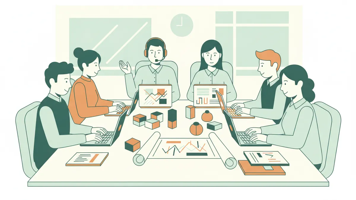 Illustration : autour d'une grande table, une équipe d'étudiants prépare une mission export avec des ordinateurs, des échantillons et des graphiques ; l'un d'eux appelle un prospect étranger avec un casque.