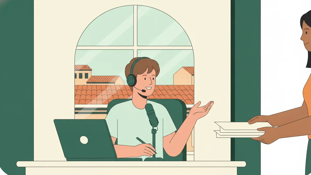 Illustration : un étudiant stagiaire, casque sur les oreilles, fait de la prospection téléphonique en espagnol dans un bureau ensoleillé aux toits de tuiles visibles par la fenêtre ; une collègue lui tend des documents.