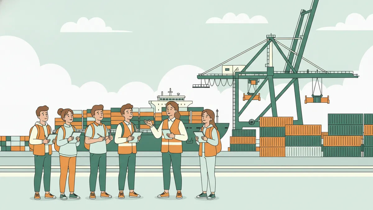 Illustration : un groupe d'étudiants en gilets orange visite un grand port à conteneurs ; un guide leur explique le fonctionnement pendant qu'ils prennent des notes, devant un porte-conteneurs, des piles de conteneurs colorés et des portiques de chargement.