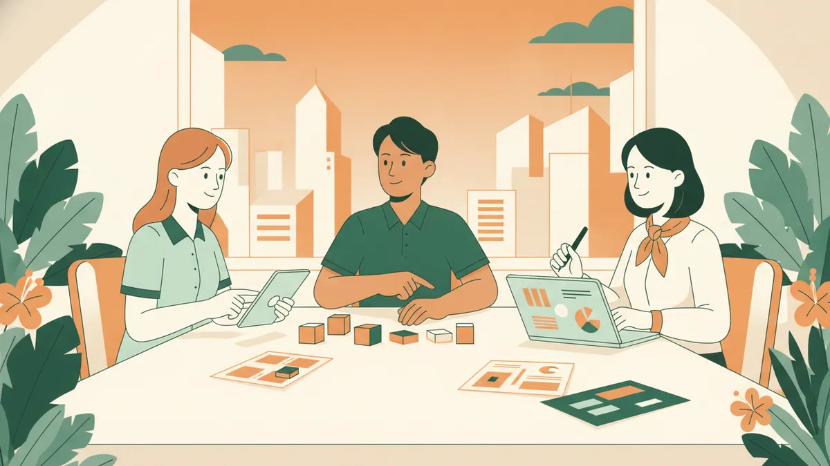 Illustration : dans un bureau d'Asie du Sud-Est, une stagiaire française est assise à une table de réunion avec un responsable local et une professeure venue de France ; sur la table, des échantillons de produits et un ordinateur ; par la fenêtre, des plantes tropicales et les tours d'une ville.