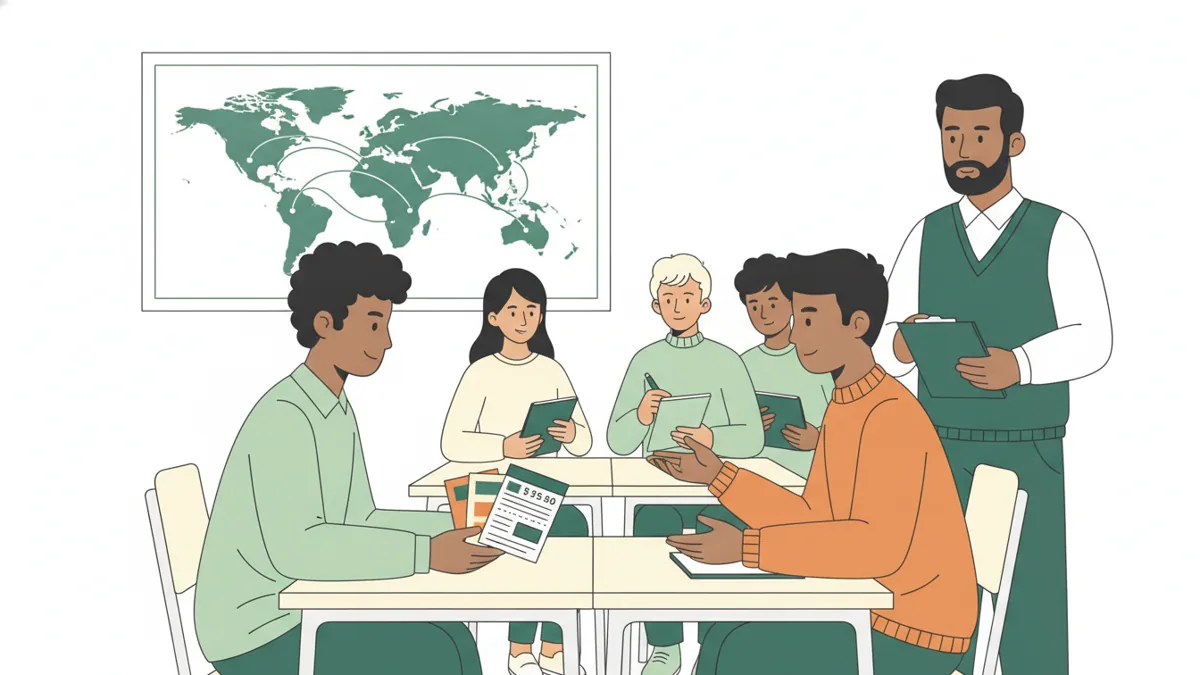 Illustration : dans une salle de classe, deux étudiants face à face jouent une négociation commerciale, documents de prix en main ; trois camarades et un professeur observent et prennent des notes, sous une carte du monde aux routes maritimes tracées.