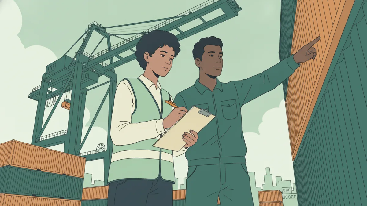 Illustration : sur un port étranger, une stagiaire en gilet de sécurité vérifie des documents d'expédition sur un porte-bloc, à côté de conteneurs empilés et d'une grue ; un employé de la logistique lui montre un conteneur.