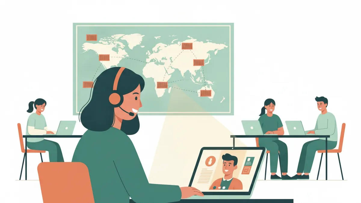 Illustration : une étudiante avec un casque micro parle en visioconférence avec un client étranger affiché sur son ordinateur ; derrière elle, une carte du monde épinglée au mur et des camarades qui travaillent sur leurs ordinateurs.