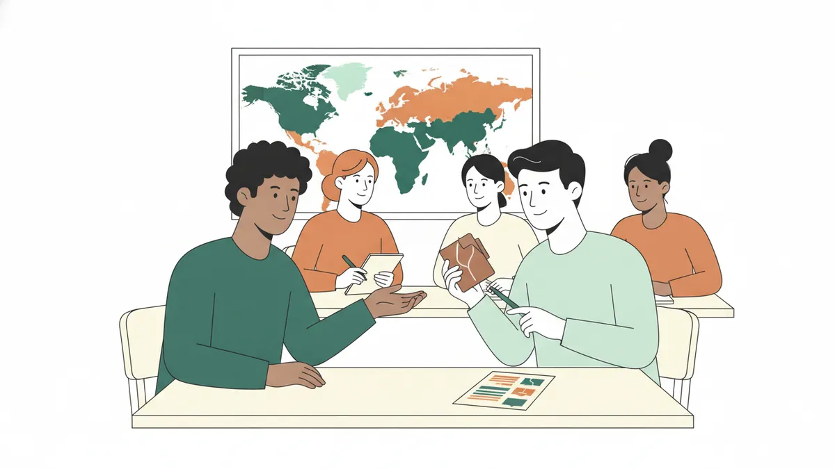 Illustration : dans une salle de classe, deux étudiants jouent une négociation commerciale ; l'un présente un échantillon de produit et une fiche de prix, l'autre joue l'acheteur étranger. Derrière eux, des camarades prennent des notes devant une carte du monde.