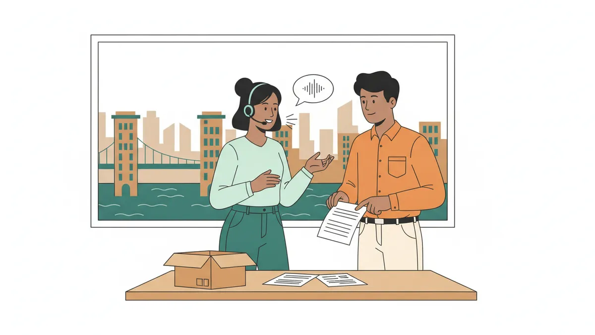 Illustration : une jeune stagiaire avec un casque micro parle à un client dans un bureau à l'étranger ; un collègue lui tend un document d'expédition, un carton est posé sur le bureau, et une ville étrangère se dessine par la fenêtre.